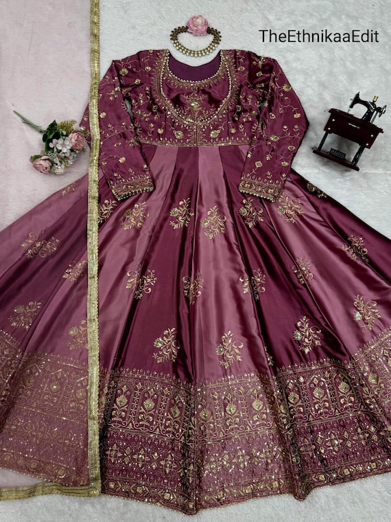 Embroidered Japan Satin Anarkali Gown: Indian Party Wear with Dupatta