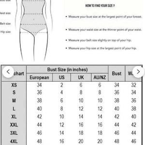 May include: A size chart with bust size conversions in inches for European, US, UK, and AU/NZ sizes. Includes instructions on how to measure bust, waist, belt, and hip sizes. The chart shows sizes from XS to 4XL.
