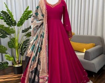 Embroidered Anarkali Gown: Indian Party Wear, Full Sleeve Chinnon Silk kurta set