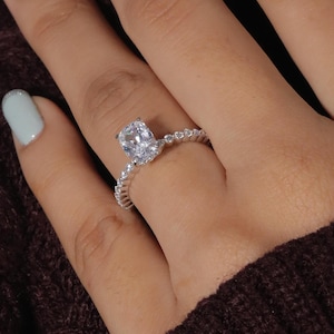 1.5 CT Cushion Cut Moissanite Engagement Ring, 14k Gold Diamond Solitaire Ring, Diamond Accent Band, Promise Ring, Anniversary Gifts