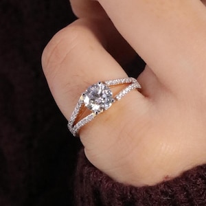 14K Gold Split Shank Engagement Ring, Round Cut Diamond Solitaire Ring, Unique Bridal Ring, Gold Promise Ring
