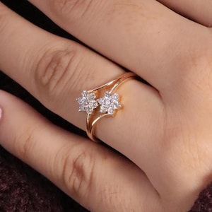 14K Gold Diamond Flower Ring, Unique Bypass Band, Dainty Floral Engagement Ring, Promise Ring, Bridal Ring