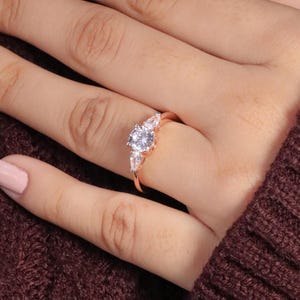 14K Gold Three Stone Engagement Ring, Pear Side Moissanite Ring, Dainty Promise Ring, Anniversary Ring, Bridal Jewelry for Her