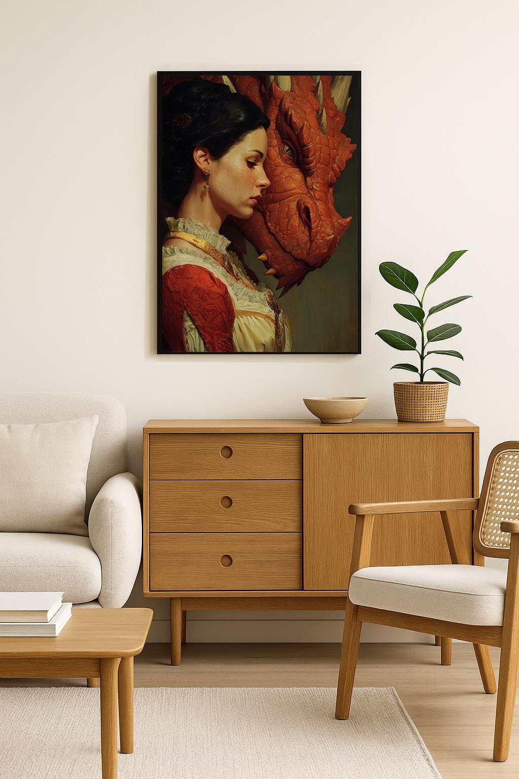 Bond of Fire – Elegant Fantasy Portrait of Woman & Dragon | Digital Wall Art JPG