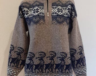 Nordic Wool Sweater: Men's Zip Collar Jumper, Reindeer Motif