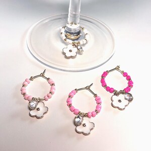 Blush & Bloom - Pink Floral Wine Charms with Beads and Rhinestone Petals