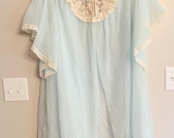 Vintage Gilead Blue Sheer Peignoir Set Nightgown & Robe M Medium Embroidered