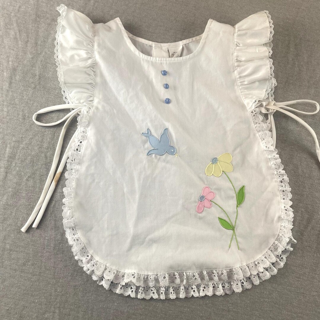 Vintage Baby Big Lace Trim Embroidered Flowers Bird Size 3 Side Tie ...