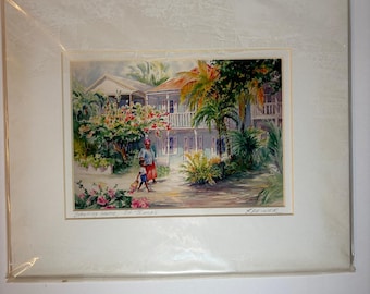 Lámina enmarcada "Paseando a casa, St. Thomas" de Diane Kreiner. Escena callejera caribeña.