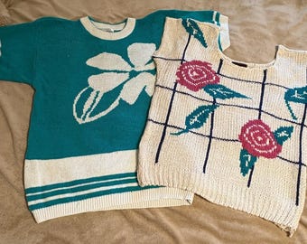 Lote de 2 suéteres de punto vintage de los años 80, estampado floral, sin mangas, talla M, de Memphis Jones, mezcla de seda.
