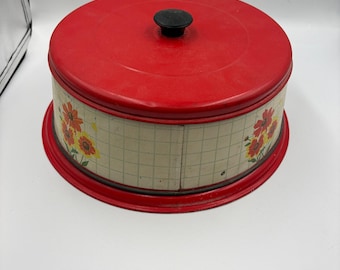 Vintage metalen taartdrager uit de jaren 40 met deksel keuken taartvorm rode standaard