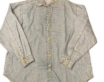 Pearl Snap Embroidered Denim Shirt Button Down M Medium Top Vintage