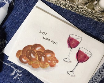 Happy Challah Days 4 Folded Cards, Set of 4 Greeting Cards, Happy Hanukkah Card, Happy holidays, Chanukah Card, Illustrated Watercolor