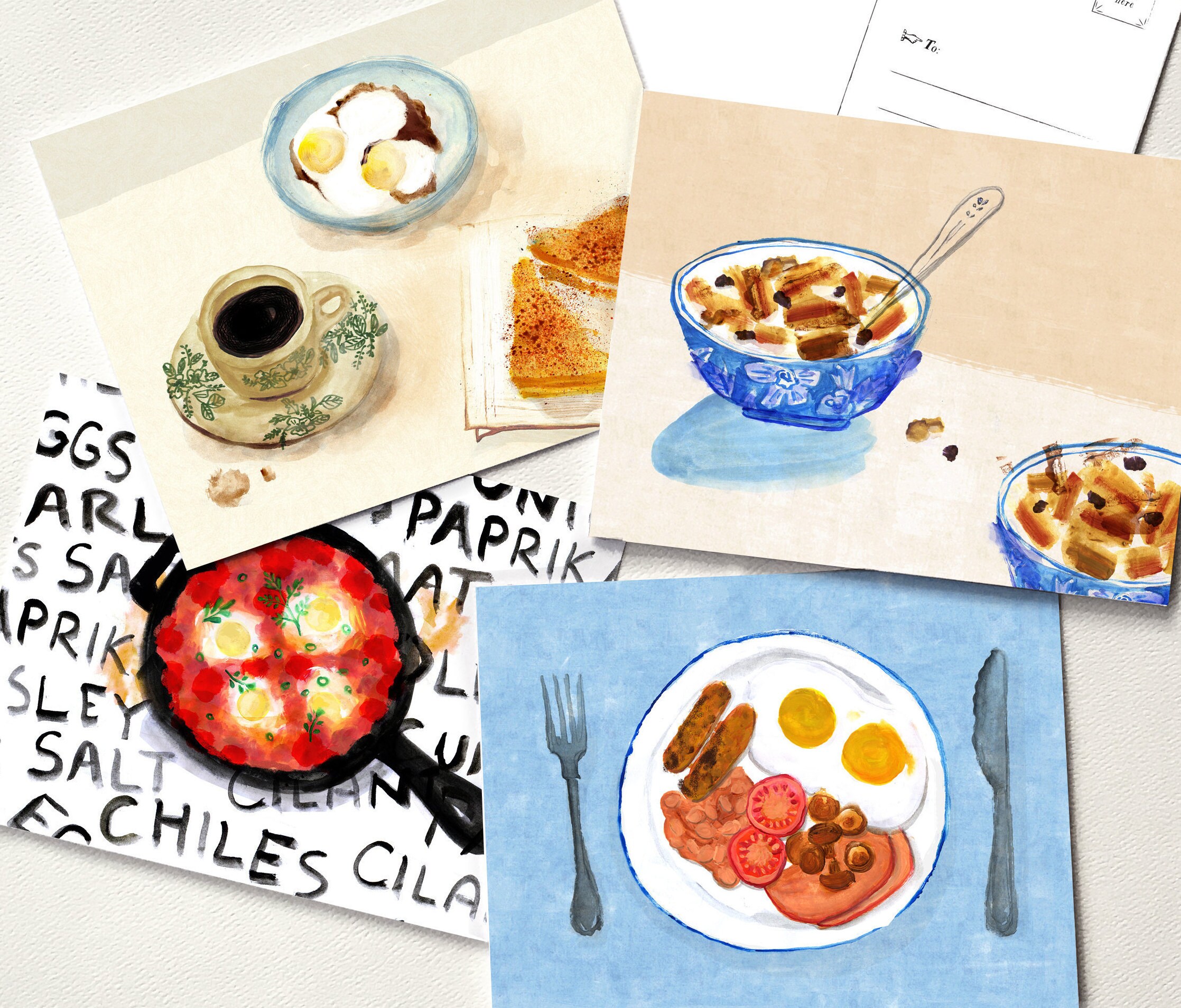 Breakfast Set of 4 Postcards Full English Shakshuka Cereal Etsy