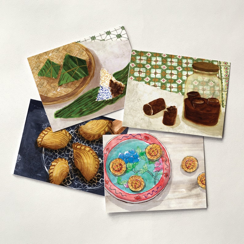 Curry Puff Gula Melaka Pineapple Tarts Nyonya Zhang Set of 4 Watercolor Cards Singapore and Malaysia Food Folded Cards Set B
