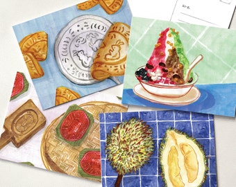 Singaporean and Malaysian Food Postcards Set A, Ang Ku Kueh, Kueh Kapit, Durian, Ice Kacang, Set of 4 Watercolor Postcards