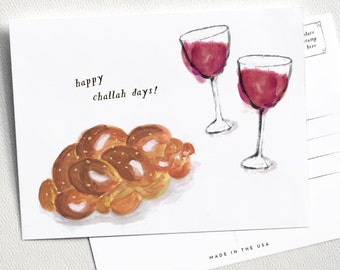 Happy Challah Days Postcards, Set of 4 Postcards, Rosh Hashanah, Happy Holidays, Chanukah Card, Illustrated Watercolor