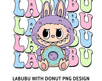 Cute Labubu Donut PNG | Kawaii Monster Clipart | Pastel Cartoon Character | Sublimation Design | Printable Art for Kids Decor | Download