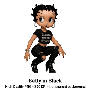 Betty in Black PNG | Boots on the Ground | Stylish Betty Boop Clipart | 300 DPI Transparent Background | Digital Download for Shirts, Prints
