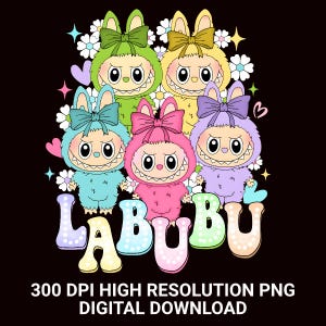 Cute Pastel Labubu PNG Clipart – Kawaii Cartoon Character Illustration, 300 DPI Digital Download for T-Shirt, Stickers, Sublimation & Crafts