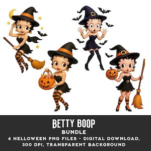 Betty Boop Halloween PNG Bundle - Cute Witch Clipart Set, Spooky Digital Download, 4 PNG Files, 300 DPI, Transparent Background, Popular