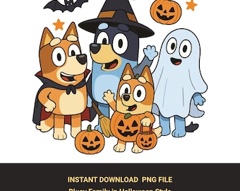 Halloween Bluey Family PNG Design | Witch, Ghost, Vampire Costumes | Cute Cartoon Digital Download | 300 DPI Sublimation Bingo Bandit Chilli