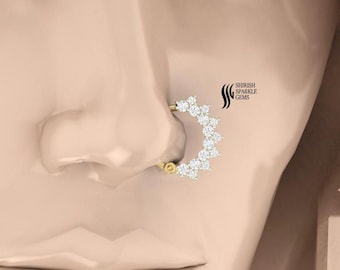Natural Diamond Hoop Nose Ring – 14k Gold Clicker, Handmade Floral Cluster, Dainty Indian Nostril Piercing