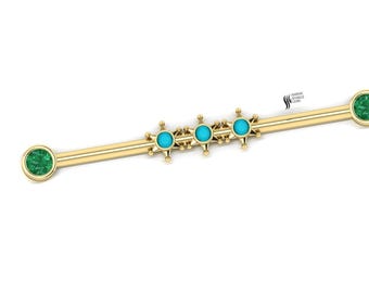 Massives 14K 18K Gold Industrial Barbell | Smaragd & Türkis Piercing | Gold Barbell Ohrschmuck | Einzigartiger feiner Körperschmuck