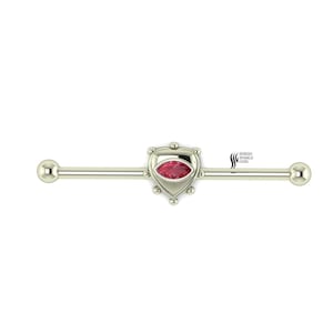 14k White Gold Ruby Industrial Barbell, Marquise Gemstone Cartilage Piercing, Helix Scaffold Earring, July Birthstone Gift