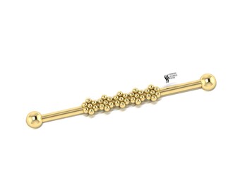 Piercing industrial de oro macizo con barra, pendiente de andamio con cuentas en racimo, joyería minimalista para hélix, regalo de joyería corporal con barra roscada
