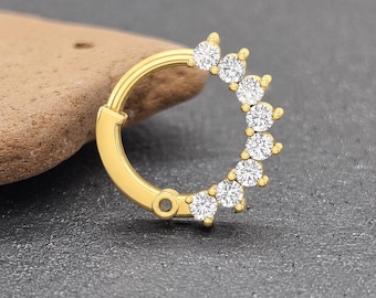 Natural Diamond Nose Ring Hoop, Dainty Pave Ear Piercing Clicker, 14k Solid Gold