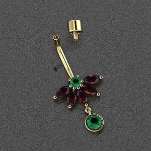 14k Solid Gold Ruby Emerald Belly Button Ring, Red Green Gemstone Dangle Navel Piercing Curved Barbell