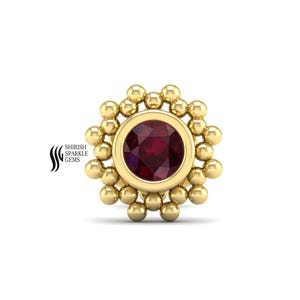 Piercing de nariz de rubí en oro macizo de 18 quilates, pendiente de oreja con flor y cuentas para cartílago, hélix, labret y parte trasera plana.