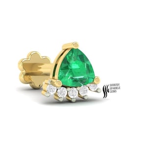 Natural Emerald Diamond Gold Nose Ring | Screw Back Nose Stud for Women | Solid Gold Piercing Jewelry | May Birthstone - Certified Jeweler