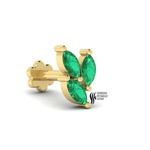 Natural Emerald Emerald Gold Nose Bar | Screw Back Nose Stud for Women | Gold Piercing Jewelry | May Birthstone nose pin internally threaded