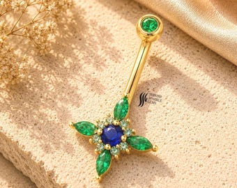 Gold Emerald & Blue Sapphire Belly Button Ring, Luxury Navel Piercing Jewelry, Marquise Emerald Belly Ring, Gift