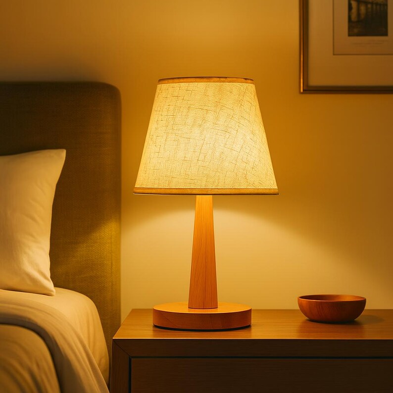 Lámpara de escritorio nórdica de madera, pantalla de tela, luz ajustable en 3 colores.