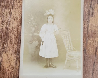Antique Cabinet Card Mary Seebeck Victorian Girl Fashion Hat Long Curls Photo
