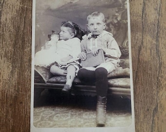 Antique Photo Cabinet Card Victorian Children Portrait Boy w/book Girl w/Doll ID