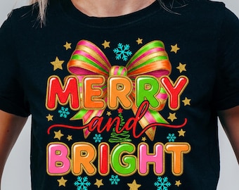 Merry and Bright Christmas Sweatshirt PNG, Preppy Glitter Xmas Design, Coquette Merry Christmas Sublimation, Family Holiday Shirt PNG