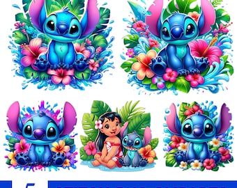 Stitch PNG Clipart, Lilo and Stitch, Stitch Floral PNG, High quality 300 dpi Sublimation, t shirt design, Digital Download
