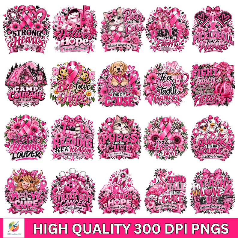 Breast Cancer Awareness PNG Bundle, 20 Pink Ribbon Survivor Designs ...