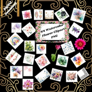 Delicias florales / 44 imágenes PNG de flores de acuarela / Ideal para logotipos, bodas, manualidades y sublimación / Descarga digital