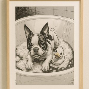 Boston Terrier Illustrazione Divertente da Stampare | Arte Digitale da Bagno | Poster Cane con paperella A4 A3 A5 A6