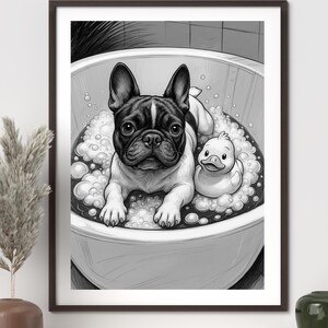 French Bulldog Illustrazione Divertente da Stampare | Arte Digitale da Bagno | Poster Cane con paperella A4 A3 A5 A6