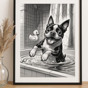 Boston Terrier Illustrazione Divertente da Stampare | Arte Digitale da Bagno | Poster Cane in Vasca A4 A3 A5 A6