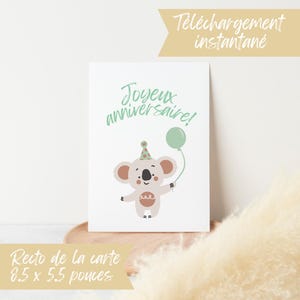 Carte d’anniversaire koala en français à imprimer pour enfant – Téléchargement instantané – Printable birthday card koala