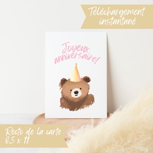 Carte d’anniversaire ours rose en français à imprimer pour enfant – Téléchargement instantané – Printable birthday card bear pink