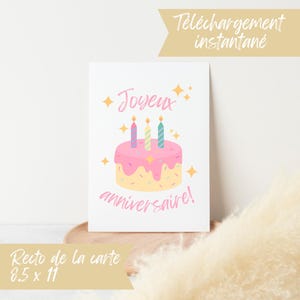 Carte d’anniversaire gâteau en français à imprimer pour enfant – Téléchargement instantané – Printable birthday card cake