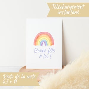 Carte d’anniversaire arc-en-ciel bleu en français à imprimer pour enfant – Téléchargement instantané – Printable birthday card blue rainbow